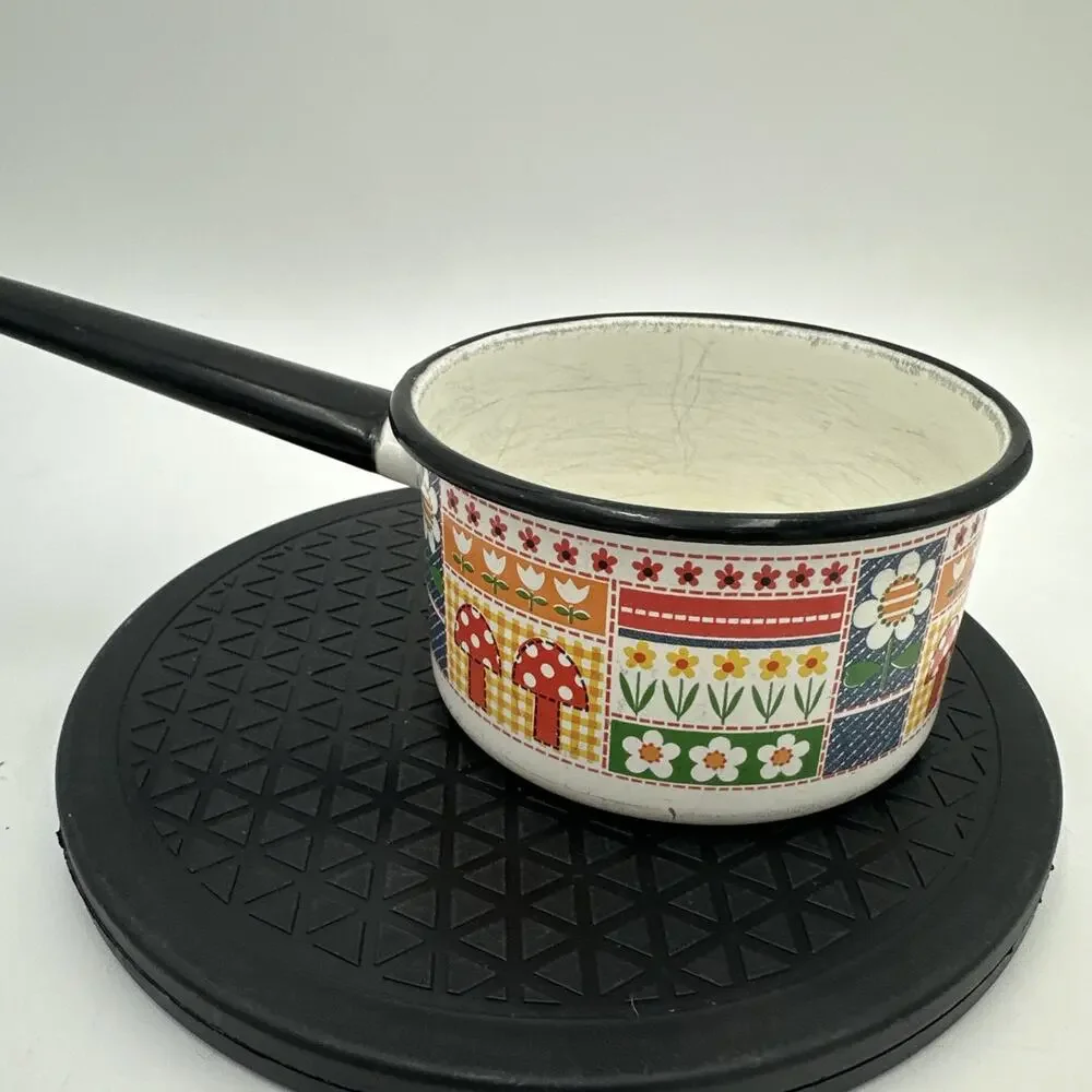 Rare Vintage By Savory Mushroom Floral Enamel Metal Pot Set